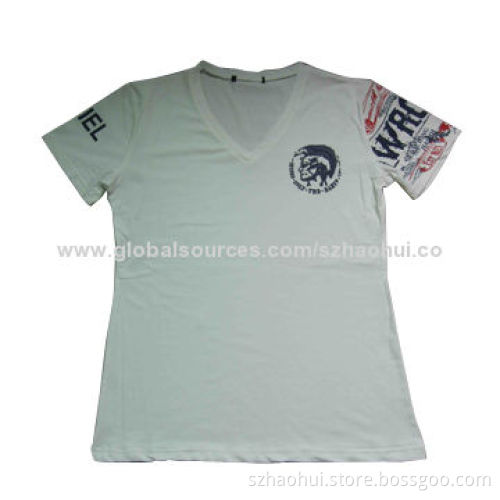 Men's V-neck printed T-shirt, made of 100% cotton, OEM service offered